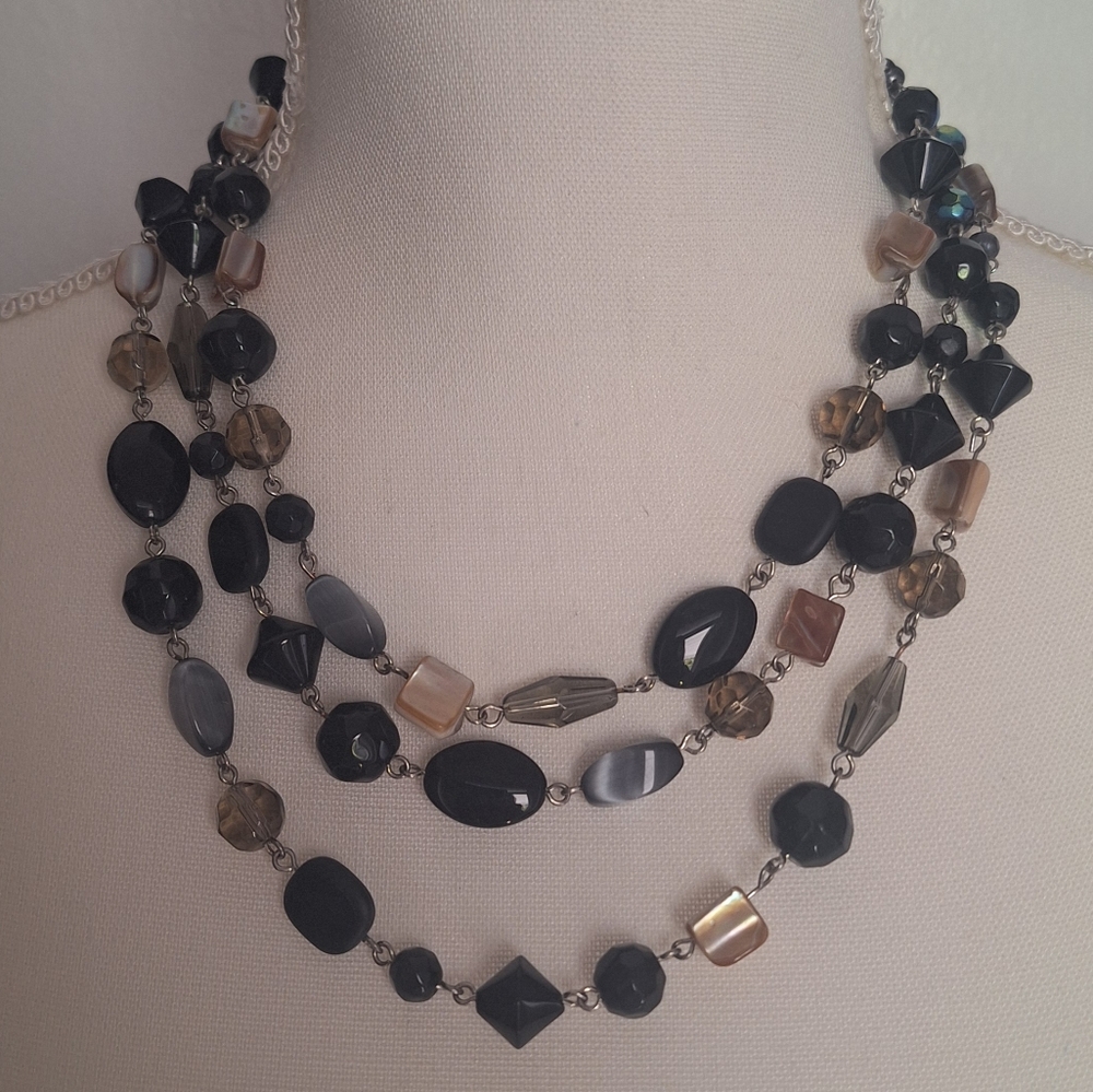 Glass Abalone & Acrylic 3-Strand Statement Necklace Black Silver Gray AB Shell